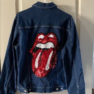 Jordache Vintage Denim Jacket with Rolling Stones Red Sequin Tongue Design Small